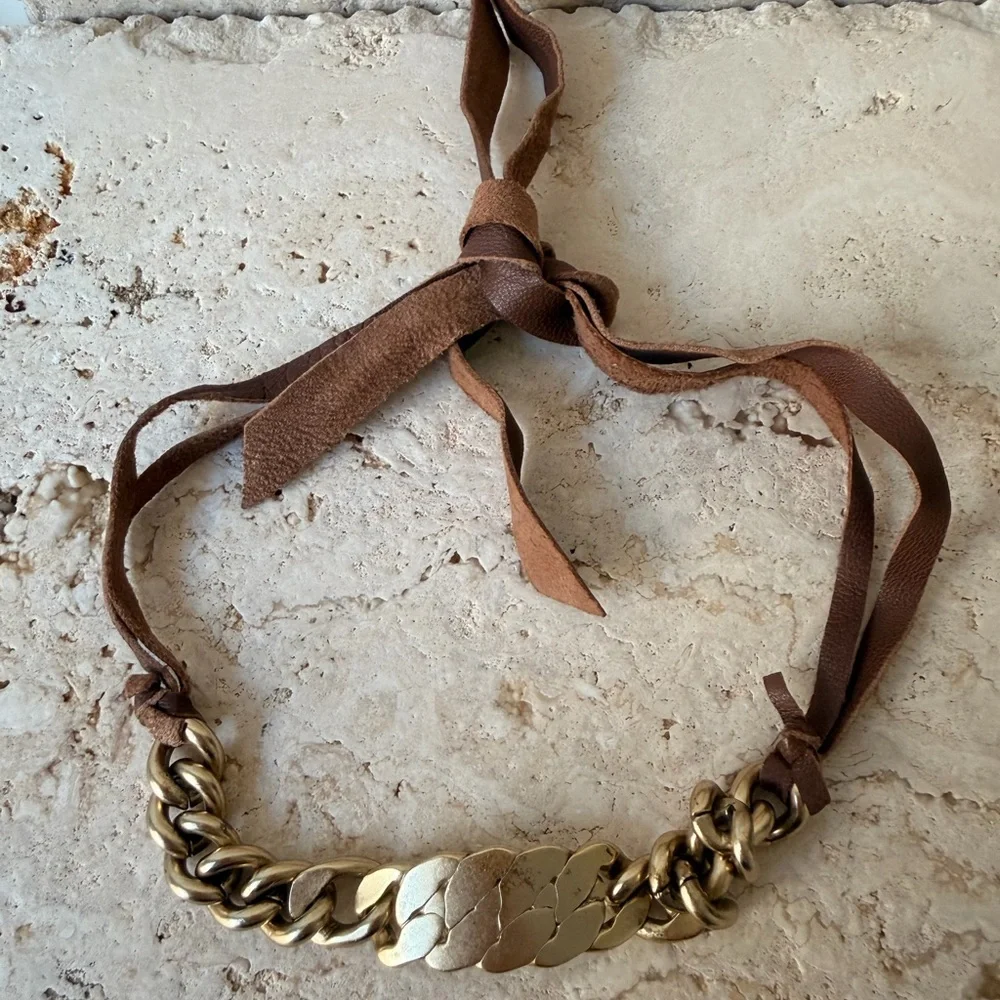 Kenneth Cole Brown Leather Bracelet | Gold Chain Detail Adjustable Cuff